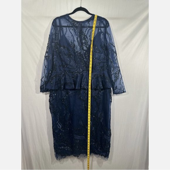 NWT $498 Mac Duggal [ PLUS 18W ] Embellished Peplum‎ Midi Sheath Dress Blue - Picture 6 of 15